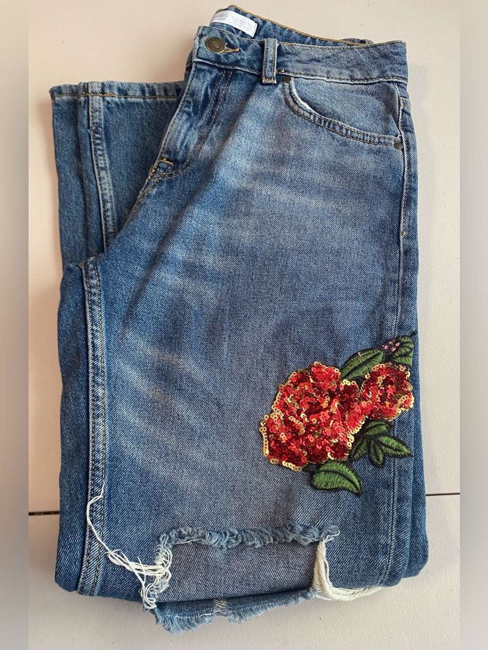 Zara Basic Z1975 timeless cut Denim embroidered floral women's jeans